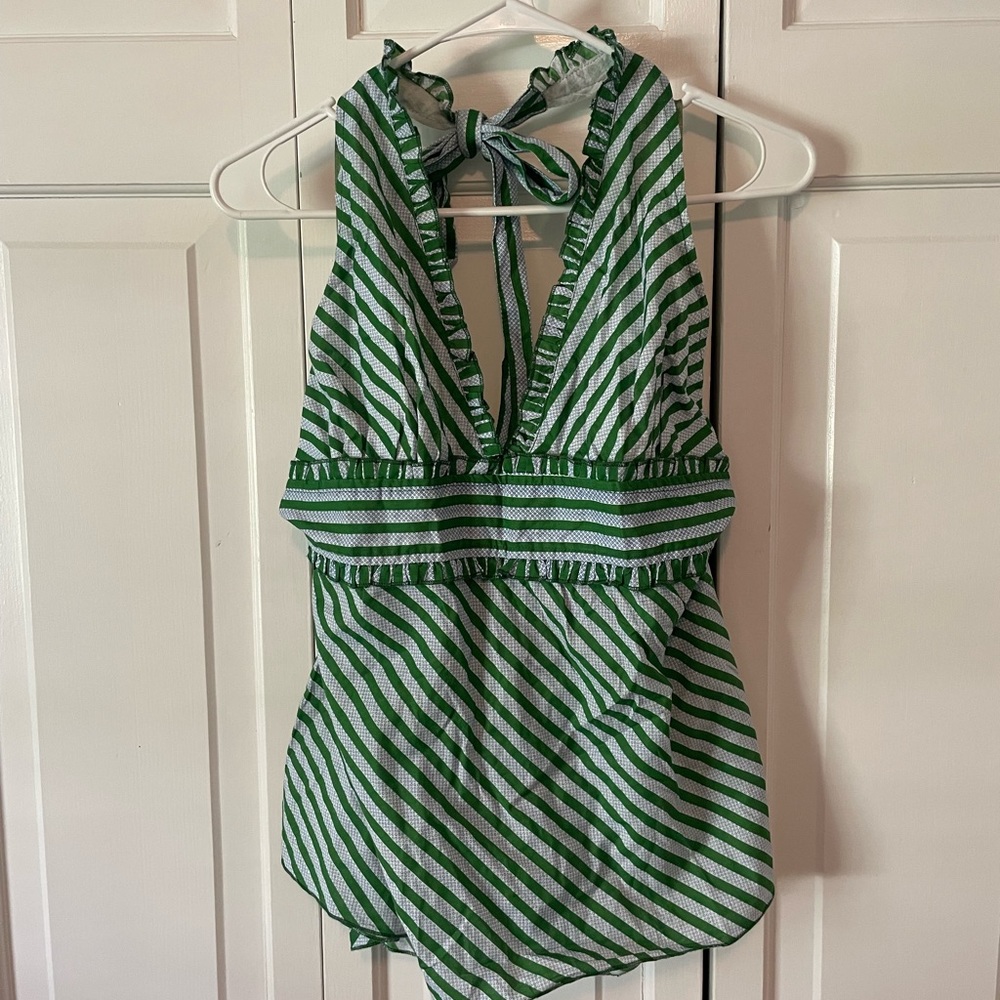 Andrew & Co. Green and White Striped Halter Top